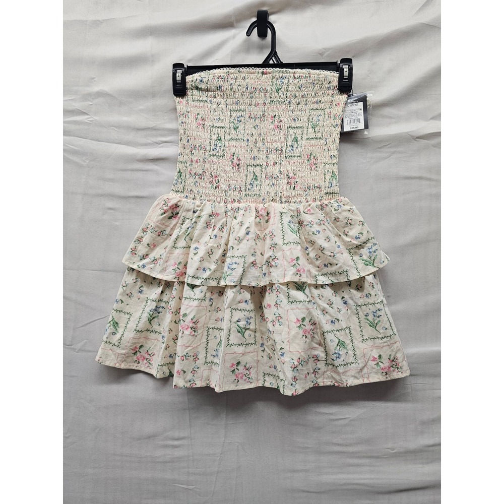Art Class Girls Floral Smocked Tiered Dress Cream Cotton Blend Casual Size Large